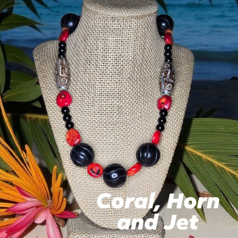 Bamboo Coral, Horn and Jet Necklace